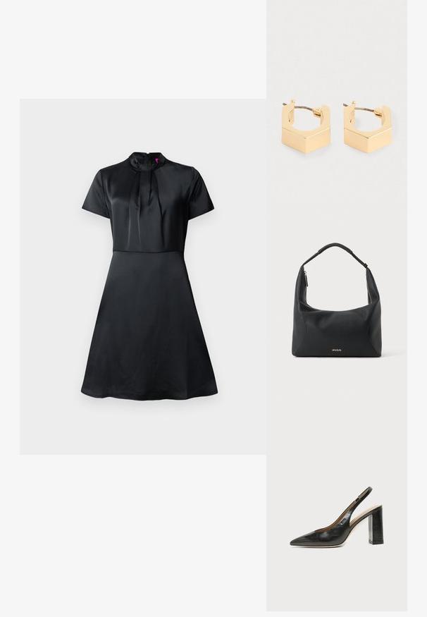 Sort satin kjole med korte ærmer, høj krave og plisseret detalje ved udskæringen. A-line silhuet med en glat tekstur.; Sort læder peep-toe slingback sko med høj blokhæl og beige indvendig foring mod en ensfarvet lys baggrund.; Sort skuldertaske i læder med flettet hank, guldlåsdetalje og lille gyldent "HUGO"-logo på fronten midt.; Et par små guldfarvede geometriske hoops med kantede kanter og bageste lukninger på en lys baggrund.