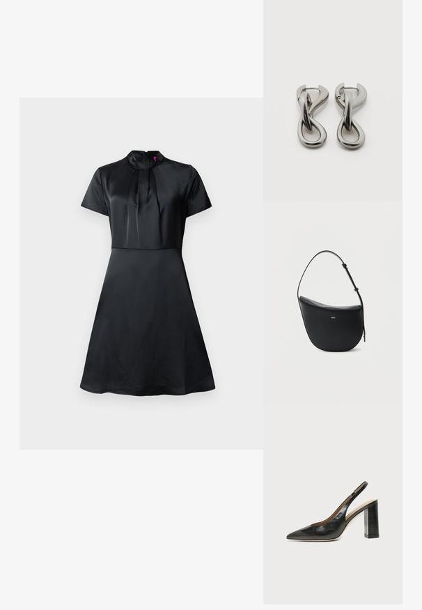 Robe en satin noir avec des manches courtes, un col haut et des détails plissés au niveau du décolleté. Silhouette en A avec une texture lisse.; Chaussure slingback en cuir noir à bout pointu avec un talon bloc haut et une doublure intérieure beige sur un fond clair uni.; Sac à bandoulière en cuir noir en forme de demi-lune avec une bandoulière réglable et le logo doré « BOSS » centré sur le devant.; Paire de boucles d'oreilles en métal argenté avec un motif abstrait d'anneaux entrelacés sur fond blanc.
