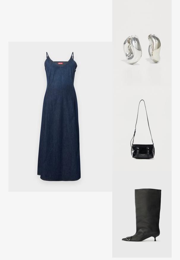 Robe maxi en denim bleu foncé avec bretelles spaghetti et petit logo rouge Diesel sur la poitrine, présentée sur un fond blanc uni.; Bottines en cuir noir à bout pointu, petite talon et détail métallique sur le bout. Texture lisse et mate partout.; Sac à bandoulière en cuir noir avec sangle réglable, deux fermetures éclair verticales sur le devant et un petit emblème métallique en forme d'aile sous les fermetures éclair.; Boucles d'oreilles sculpturales en argent avec des formes douces et courbes et des surfaces réfléchissantes. Présentent un design de boucle fermée et une forme organique distincte.
