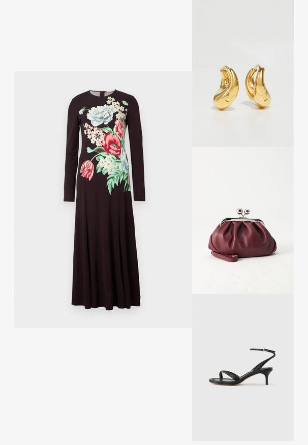 Robe noire à manches longues avec un grand imprimé floral coloré sur le devant, présentant des fleurs et des feuilles rouges, blanches, roses et vertes.; Sandale pour femme en cuir noir avec fines lanières, une boucle d'orteil, une boucle à la cheville et un talon aiguille de hauteur moyenne sur un fond neutre.; Petit sac pochette en cuir bordeaux avec fermoir métallique argenté et bracelet sur fond blanc.; Boucles d'oreilles en or en forme de d'anneaux lisses et courbés avec une finition polie. Équipées d'un mécanisme de fermeture et de légères indentations pour le détail.