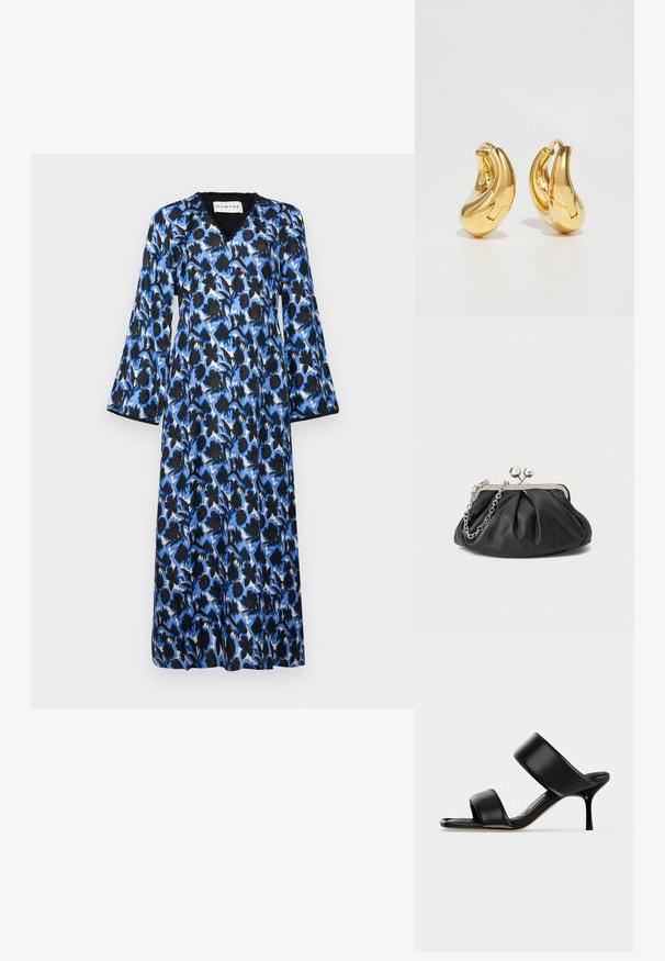 Robe à motif floral bleu avec des manches longues, décolleté en V et une coupe fluide. Fabriquée en tissu léger avec une bordure noire et des détails contrastants.; Sandale mule en cuir noir avec deux larges brides et un talon stiletto fin de hauteur moyenne sur un fond clair uni.; Porte-monnaie en cuir noir avec texture froncée, cadre en métal argenté, fermeture à verrouillage kiss-lock et bandoulière en chaîne. Surface lisse et douce.; Boucles d'oreilles en or en forme de d'anneaux lisses et courbés avec une finition polie. Équipées d'un mécanisme de fermeture et de légères indentations pour le détail.