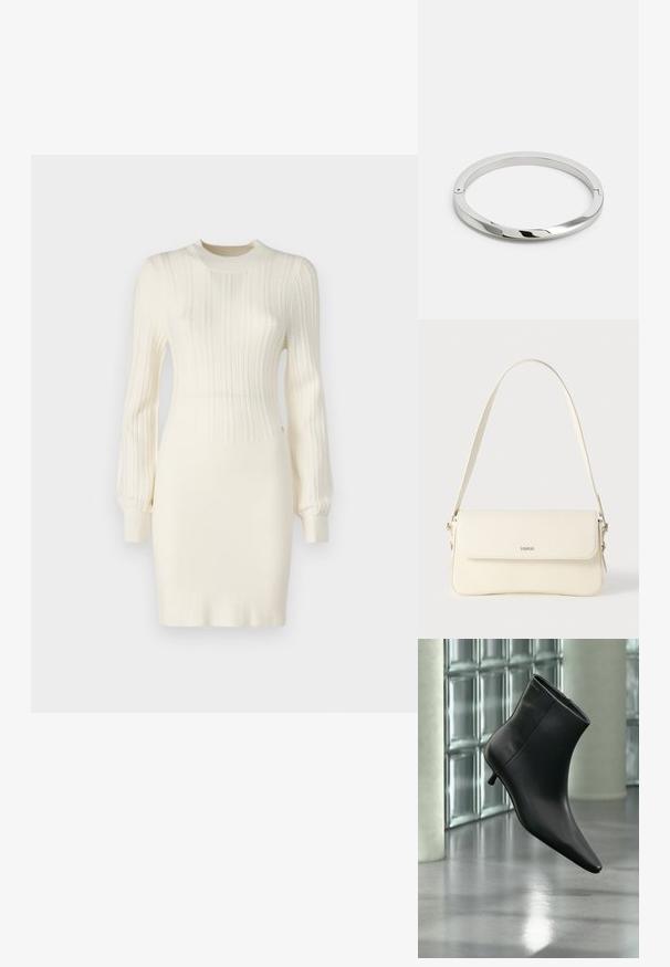 Strickkleid in Creme mit gerippter Textur, langen Ärmeln, einer taillierten Silhouette und einem runden Ausschnitt. Mit feinen Details akzentuiert.; Schwarzer Leder-Stiefelette mit spitzer Zehenpartie und niedrigem Kitten-Heel, schräg dargestellt vor einem polierten Boden und einer Glasbausteinwand.; Schultertasche aus cremefarbenem Leder mit Klappverschluss, silbernen Beschlägen, einem verstellbaren Riemen und einem dezenten Logodetail.; Silbernes Metallarmband mit einer glatten, glänzenden Oberfläche und flachen Kanten. Verfügt über ein offenes, kreisförmiges Design mit einem subtilen Verschlussdetail.