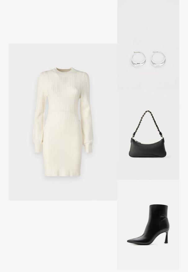 Vestido de punto en color crema con textura acanalada, que presenta mangas largas, una silueta ajustada y un cuello redondo. Realzado con detalles sutiles.; Botín de cuero negro con punta puntiaguda y tacón stiletto alto y delgado, mostrado de perfil sobre un fondo blanco.; Bolso de hombro de cuero negro con forma rectangular curvada, cadena dorada entrelazada en una correa negra trenzada y cierre superior con cremallera.; Pendientes de aro de plata con un acabado pulido y la marca DKNY, exhibidos sobre un fondo blanco liso.