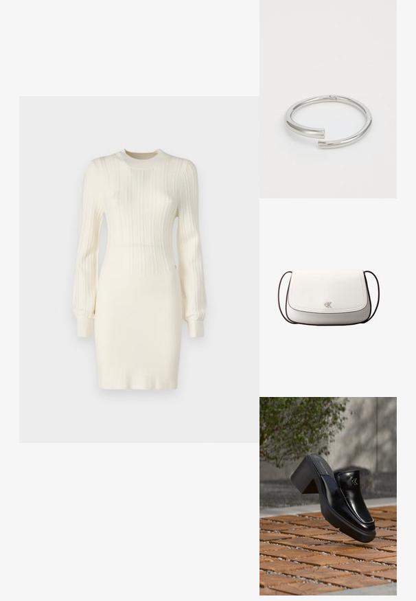 Vestido de punto en color crema con textura acanalada, que presenta mangas largas, una silueta ajustada y un cuello redondo. Realzado con detalles sutiles.; Mule tipo slip-on de cuero negro de Calvin Klein con tacón de bloque descansando sobre baldosas de madera al aire libre cerca de una planta verde y una pared gris.; Bolso bandolera blanco con cierre de solapa, pequeño logo plateado "cK" centrado y correa ajustable delgada de color marrón oscuro.; Calvin Klein SPIRAL - Pulsera - silver-coloured