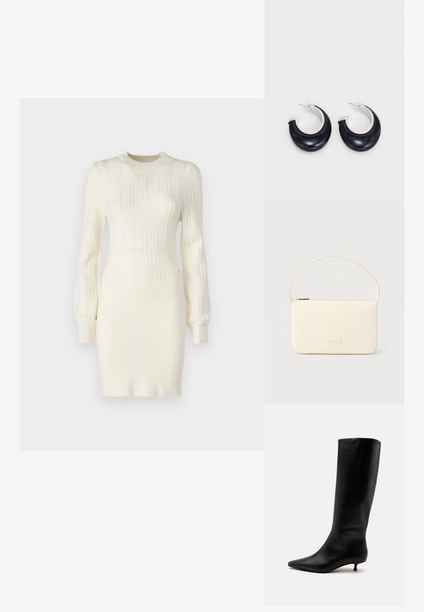 Strickkleid in Creme mit gerippter Textur, langen Ärmeln, einer taillierten Silhouette und einem runden Ausschnitt. Mit feinen Details akzentuiert.; Schwarzer kniehoher Lederstiefel mit spitz zulaufender Schuhspitze und niedrigem Kittenabsatz vor einem schlichten hellen Hintergrund.; Rechteckige Handtasche in Cremefarbe mit einem einzelnen Trageriemen und Reißverschluss oben, ausgestattet mit einer kleinen, geprägten Logoplakette vorne.; Schwarze Harz-Hoops mit glänzender Oberfläche und silberfarbenen Hardware-Details. Zirkulare Form mit Ausschnitt und Post-Back-Verschluss.