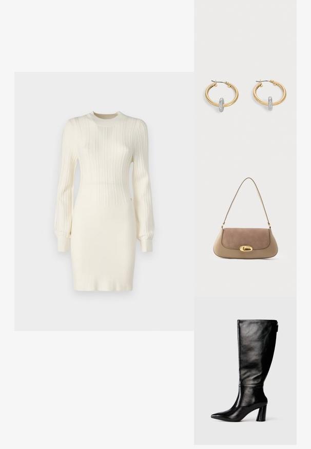 Strickkleid in Creme mit gerippter Textur, langen Ärmeln, einer taillierten Silhouette und einem runden Ausschnitt. Mit feinen Details akzentuiert.; Knöchelhohe schwarze Lederstiefel mit einer spitzen Zehe, glatter Oberfläche und einem klobigen Absatz. Verfügt über einen Reißverschluss hinten.; Tragetasche aus beigem und braunem Leder mit weichem Wildlederklappe, einem goldfarbenen ovalen Verschluss und einem einzelnen Schulterriemen. Insgesamt glatte Textur.; Paar goldfarbene Creolen mit kleinem silberfarbenem Schlaufen-Detail an jeder, vor hellem grauem Hintergrund präsentiert.
