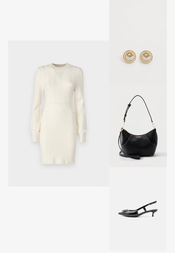 Strikkjole i creme med ribbet tekstur, der har lange ærmer, en tætsiddende silhuet og en rund halsudskæring. Accentueret med subtile detaljer.; Sort laklæder slingback-sko med kitten-hæl, spids tå, udskårne sider, spænde rem og cirkulært metal detalje på tåen.; Sort tekstureret læder skuldertaske med guldfarvet lynlås, justerbar rem og guld "GUESS" logo foran i midten.; Guldcirkelformede øreringe med et centralt tåreformet design omgivet af en ring af små, klare krystaller. Glat, poleret metalfinish.