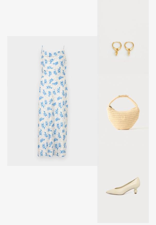 Robe midi blanche sans manches avec imprimé floral bleu et fines bretelles, présentant un décolleté droit.; Chaussure femme couleur crème à bout pointu avec un petit talon rond en forme de boule, sur fond uni.; Sac à main beige tissé avec corps arrondi, fermeture éclair et une sangle courte et épaisse dans un style crochet simple et texturé.; Boucles d'oreilles en or avec une finition métallique lisse, ornées d'un charme en forme de goutte suspendu à chaque anneau. Design simple avec une texture brillante.
