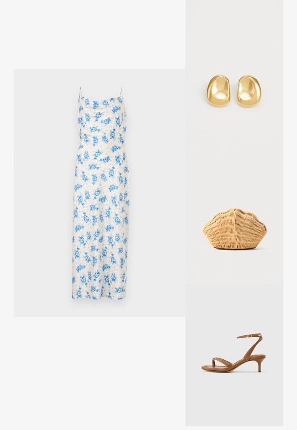 Robe midi blanche sans manches avec imprimé floral bleu et fines bretelles, présentant un décolleté droit.; Sandale en cuir marron avec lanières, talon bas en forme de petit escarpin et bride à la cheville avec une petite boucle, vue de côté sur un fond uni.; Sac à main en rotin tissé en forme de coquille Saint-Jacques de couleur brun clair naturel avec des bords arrondis et texturés.; Boucles d'oreilles en forme de clou de couleur or, avec une forme lisse et arrondie et une surface réfléchissante, mettant en avant un design minimaliste sans motifs visibles.