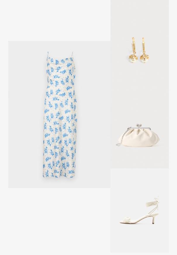 Robe midi blanche sans manches avec imprimé floral bleu et fines bretelles, présentant un décolleté droit.; Sandale à talon bas de couleur crème avec des liens à nouer autour de la cheville et une large bride torsadée sur les orteils, sur un fond blanc uni.; Pochette en tissu crème avec un design froncé, cadre en métal argenté, deux boules décoratives, et une bandoulière chaîne argentée.; Boucles d'oreilles créoles en or avec des perles blanches pendantes serties d'or et de petits cristaux clairs sur un fond clair uni.
