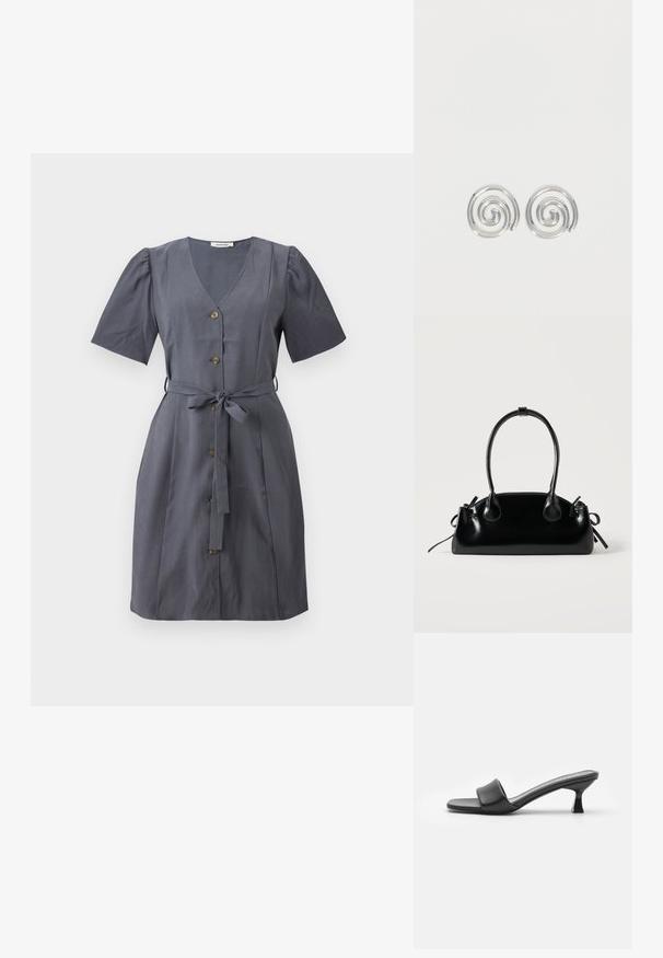 Vestido gris con escote en V, mangas cortas abullonadas, botones en la parte delantera y un cinturón de tela. Textura suave y diseño hasta la rodilla.; Mules negros con tacón, de parte superior de cuero mate y suave, puntera abierta, banda ancha en el empeine y tacón cuadrado y delgado.; Pequeño bolso negro brillante con dos asas largas y detalles de cordón lateral sobre un fondo claro liso.; Par de pendientes de aro espiral plateados con diseño liso y redondeado sobre un fondo blanco liso.