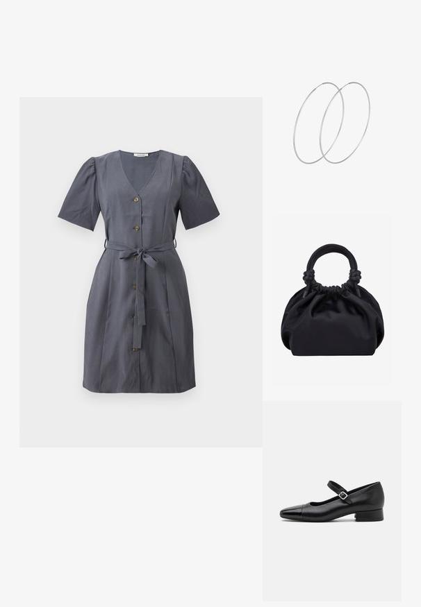 Vestido gris con escote en V, mangas cortas abullonadas, botones en la parte delantera y un cinturón de tela. Textura suave y diseño hasta la rodilla.; Zapatos Mary Jane de cuero negro con puntera de charol, correa de tobillo ajustable y tacón bajo. Textura suave y diseño elegante.; Bolso de mano de tela negra suave con parte superior fruncida y asas acolchadas circulares atadas con nudos a cada lado.; Pendientes de aro plateados con un diseño minimalista. Forma circular, textura suave y perfil delgado. Livianos con un acabado pulido.