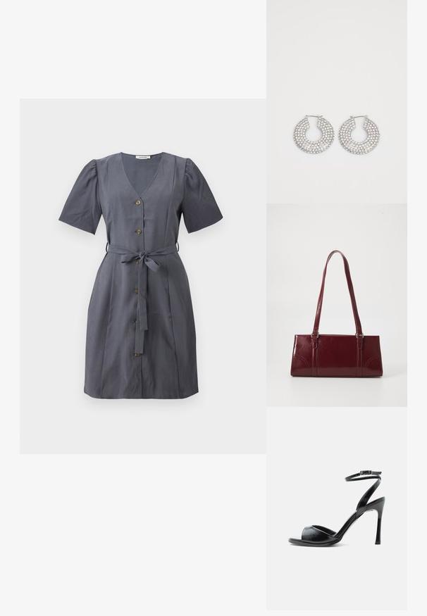 Vestido gris con escote en V, mangas cortas abullonadas, botones en la parte delantera y un cinturón de tela. Textura suave y diseño hasta la rodilla.; Sandalia negra de tacón alto con puntera abierta, tacón de aguja delgado y correa en el tobillo con hebilla sobre fondo blanco.; Bolso burdeos hecho de material brillante, de forma rectangular, con dos asas para el hombro y sutiles acentos curvados en la parte frontal.; Aros de plata en forma de aro adornados con múltiples embellishments de cristal transparente, con una superficie texturizada y un diseño circular abierto.