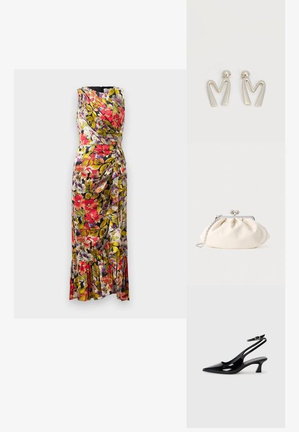 Bloemkleurige midi-jurk met een wikkelontwerp, featuring levendige rode, paarse en groene kleuren, zacht materiaal en een gerimpelde zoom.; Zwarte gepatineerde leren slingback hakken met een puntige neus, lage blokhak en een verstelbare enkelband met een gouden gespsluiting.; Crèmekleurige stoffen clutch met een geplooid ontwerp, een zilverkleurig metalen frame, twee decoratieve balletjes en een zilveren kettingriem.; Paar zilverkleurige metalen oorbellen in de vorm van een hoekige letter M met afgeronde stekers op een witte achtergrond.