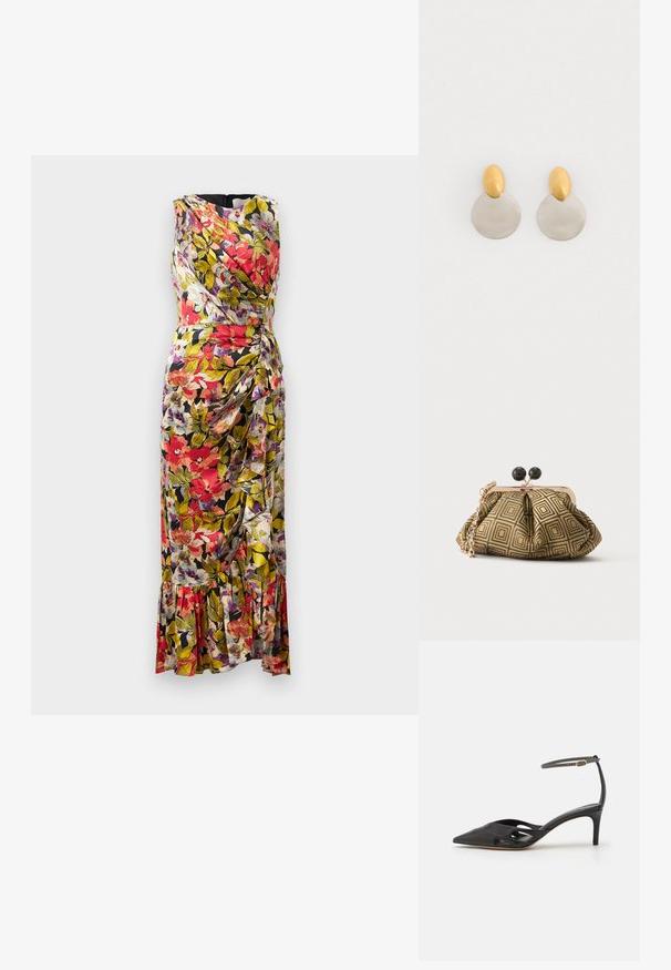 Blomstret midi-kjole med omslagsdesign, der har levende røde, lilla og grønne farver, blødt stof og en flagrende kant.; Sort læder højhælet sko med spids tå, åbne sider og en tynd ankelrem med en lille guld detalje.; Lille clutch taske med gyldent og sort geometrisk mønster, guldfarvet metalramme, sort kuglelås og en kort guldkæde som rem.; Guld- og sølvmetalløreringe med en rund skivebund og et ovalt topstykke, glat tekstur og poleret finish.