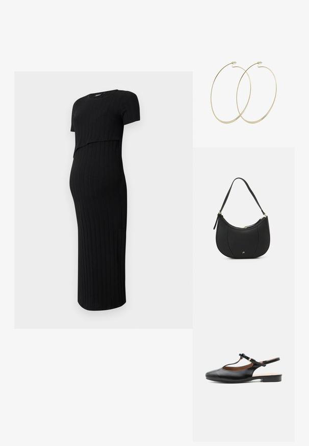 Sort graviditetskjole lavet af ribbet stof. Har et tætsiddende design med korte ærmer og en buet kant, velegnet til en voksende mave.; Sort læder flad slingback-sko med T-rem og guldlås på neutral baggrund.; Sort læderhåndtaske med en buet form, struktureret overflade, forreste syninger og et logo i guldfarve. Har en enkelt justerbar rem.; Pilgrim Øreringe - gold-coloured