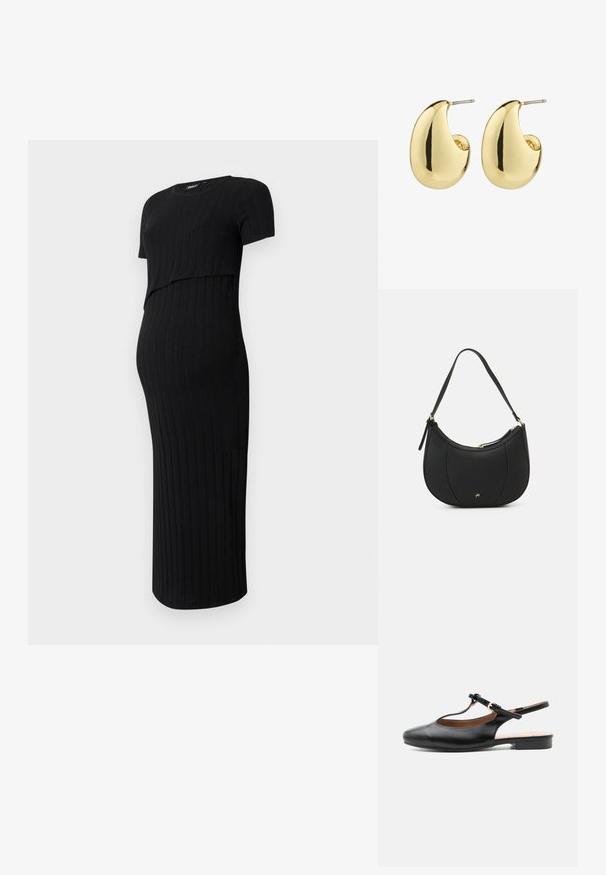 Schwarzes Umstandskleid aus geripptem Stoff. Hat ein figurbetontes Design mit kurzen Ärmeln und einem geschwungenen Saum, perfekt für einen wachsenden Bauch.; Schwarzer flacher Lederslingback-Schuh mit T-Riemen und goldener Schnalle auf neutralem Hintergrund.; Schwarze Lederhandtasche mit geschwungenem Design, strukturiertem Material, vorderen Nähten und einem Logo in Goldtönen. Verfügt über einen einzelnen verstellbaren Tragegurt.; Goldfarbene Steckerohrringe mit einer glatten, glänzenden Oberfläche, die eine abstrahierte, tropfenförmige Form aufweisen. Einfache Metallstiftbefestigung.
