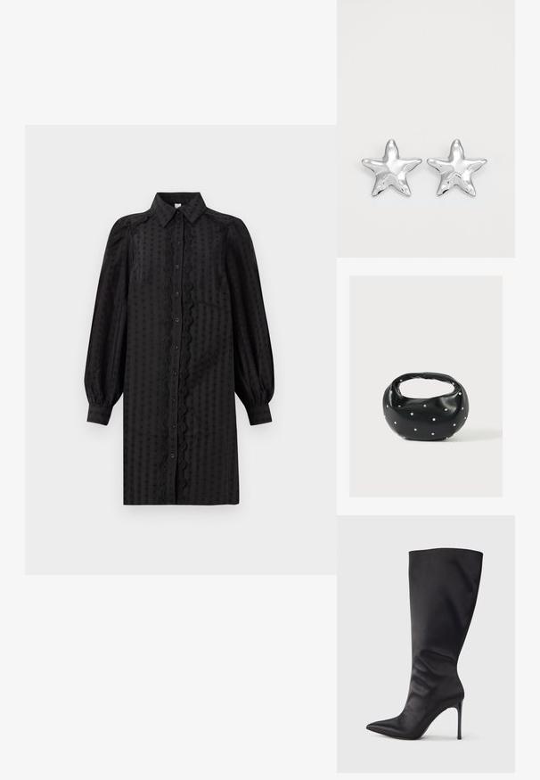 Schwarzes, knopfbares Kleid aus glattem Stoff, mit einem strukturierten Muster, Puffärmeln und einem dekorativen Spitzenbesatz entlang der Front.; Schwarzer kniehoher Stiletto-Stiefel aus glattem, elegantem Material; spitze Zehe; enganliegend mit subtilen Falten nahe dem Knöchel; glänzender Absatz.; Schwarze Lederhandtasche mit abgerundeter Form, verziert mit silbernen Nietenakzenten und kurzem Griff. Glatte Struktur und Reißverschlussverschluss.; Silberne sternförmige Ohrringe mit einer polierten, glänzenden Oberfläche. Jeder Ohrring hat fünf Spitzen und dezente Oberflächentexturdetails.