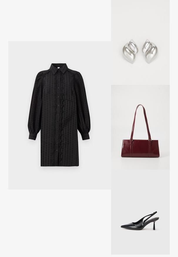 Schwarzes, knopfbares Kleid aus glattem Stoff, mit einem strukturierten Muster, Puffärmeln und einem dekorativen Spitzenbesatz entlang der Front.; Schwarzer Leder Slingback High Heel Schuh mit spitzer Zehenpartie und schmalem Absatz auf einem weißen Hintergrund.; Burgunderfarbene Handtasche aus glänzendem Material, rechteckige Form, mit zwei Schulterriemen und subtilen, geschwungenen Akzenten an der Vorderseite.; Silberne Ohrringe mit einer organischen, abstrakten Form. Glatte, glänzende Oberfläche mit einem konischen Design. Mit dezenten Kurven und einem zentralen Linienelement.