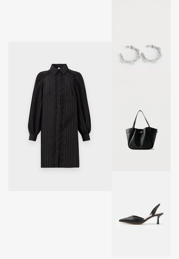Schwarzes, knopfbares Kleid aus glattem Stoff, mit einem strukturierten Muster, Puffärmeln und einem dekorativen Spitzenbesatz entlang der Front.; Schwarzer Leder-Slingback-Schuh mit spitzem Zeh, dünnem Absatz und klarem Design, das eine elegante Silhouette und eine glatte Textur aufweist.; Schwarze Leder-Tasche mit zwei Schulterriemen, einem kleinen goldenen Verschluss und dem „Anna Field“-Logo auf weißem Hintergrund.; Silberne Creolen mit einem strukturierten, unregelmäßigen Design. Hergestellt aus Metall, verfügen sie über einen sicheren Postverschluss und ein glänzendes Finish.