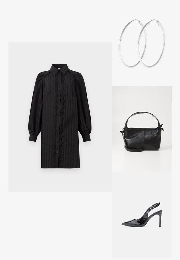 Schwarzes, knopfbares Kleid aus glattem Stoff, mit einem strukturierten Muster, Puffärmeln und einem dekorativen Spitzenbesatz entlang der Front.; Schwarze Slingback-Pumps aus Lackleder mit spitzer Zehenpartie, elegantem Design, 10 cm Stiletto-Absatz und dekorativer Schnallendetail.; Schwarze Lederhandtasche mit strukturiertem Design, rundem Haltegriff und abnehmbarem Schulterriemen. Sie weist eine glatte Oberfläche und einen subtilen Glanz auf.; Silberfarbene Creolen mit einer glatten, runden Form und einer polierten Oberfläche. Beide Ohrringe haben die gleiche Größe und verfügen über einen sicheren Verschlussmechanismus.