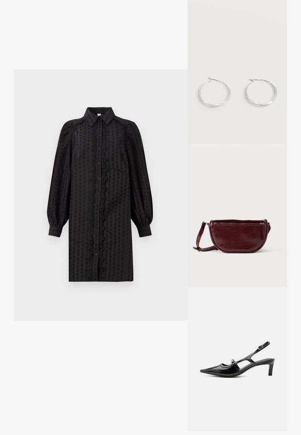 Schwarzes, knopfbares Kleid aus glattem Stoff, mit einem strukturierten Muster, Puffärmeln und einem dekorativen Spitzenbesatz entlang der Front.; Schwarzer Slingback-Schuh aus Lackleder mit spitzer Kappe, niedrigem Absatz und zwei verstellbaren Schnallenriemen, seitlich dargestellt.; Dunkelroter Lederhandtasche in halbmondförmiger Form mit Reißverschluss und abnehmbarem Tragegurt. Glatte Textur mit dezentem Glanz.; Silberne Metallcreolen mit glatter, leicht gebogener Oberfläche und Klappverschluss vor schlicht weißem Hintergrund.