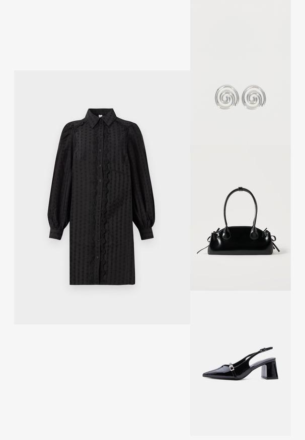 Schwarzes, knopfbares Kleid aus glattem Stoff, mit einem strukturierten Muster, Puffärmeln und einem dekorativen Spitzenbesatz entlang der Front.; Schwarzer Slingback-Absatz aus Lackleder mit spitzer Zehenpartie, niedrigem Blockabsatz und zwei kleinen silbernen Schnallen an den Riemen.; Kleine schwarze glänzende Handtasche mit zwei langen Griffen und seitlichen Kordelzug-Details vor einfachem hellem Hintergrund.; Paar silberne Spiral-Creolen mit glattem, rundem Design auf einfachem weißem Hintergrund.