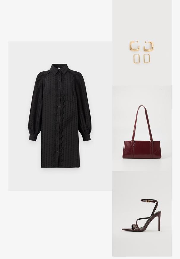 Schwarzes, knopfbares Kleid aus glattem Stoff, mit einem strukturierten Muster, Puffärmeln und einem dekorativen Spitzenbesatz entlang der Front.; Bordeaux-farbenes Lackleder-High-Heel-Sandale mit einem Knöchelriemen, spitzem Zehenbereich und drei horizontalen Riemen über dem Fuß. Details mit goldfarbener Schnalle.; Burgunderfarbene Handtasche aus glänzendem Material, rechteckige Form, mit zwei Schulterriemen und subtilen, geschwungenen Akzenten an der Vorderseite.; Zwei Paare goldfarbener geometrischer Creolen auf einer schlichten weißen Oberfläche, ein Paar quadratisch und massiv, ein Paar rechteckig und hohl.
