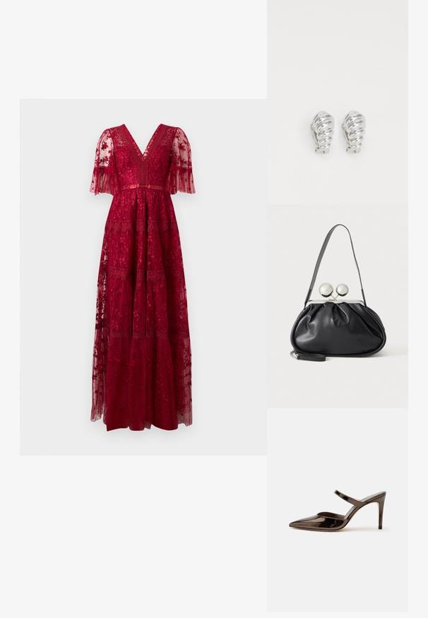 Longue robe rouge en dentelle avec un décolleté en V profond, des manches flottantes transparentes et des couches superposées. Présente des motifs floraux complexes et de délicats accents de bordure.; Mule à talon haut marron foncé brillant à bout pointu avec une fine bride sur le coup de pied sur fond blanc uni.; Sac à main en cuir noir avec un design plissé, une sangle unique, un cadre métallique argenté et deux grandes fermoirs ronds en argent.; Boucles d'oreilles en clip argentées avec un design en spirale, présentant une texture métallique lisse et des formes arrondies. Pas d'embellissements ou de motifs visibles.