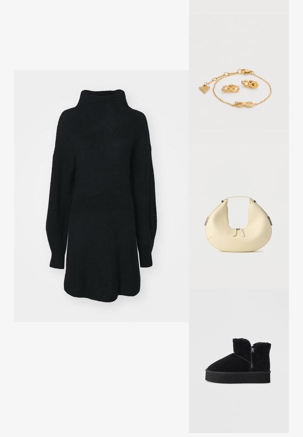 Schwarzer Strickpullover mit hohem Kragen, langen Ärmeln und lockerer Passform. Strukturierten Stoff mit lockerer Silhouette und ohne sichtbare Muster.; Schwarze Wildleder-Ankle-Boots mit einem Reißverschluss, weichem Fellbesatz oben und einer massiven schwarzen Gummisohle. Glatte Oberfläche ohne sichtbare Muster.; Beigefarbene handtasche in halbmondform mit doppeltem reißverschluss und kurzem griff, mit silbernen metallakzenten an den seiten.; Schmuckset in Goldoptik mit zwei Ohrsteckern in Unendlichkeitsschleifen-Form und einem passenden Armband mit kleinen Strassakzenten und verstellbarer Kette.