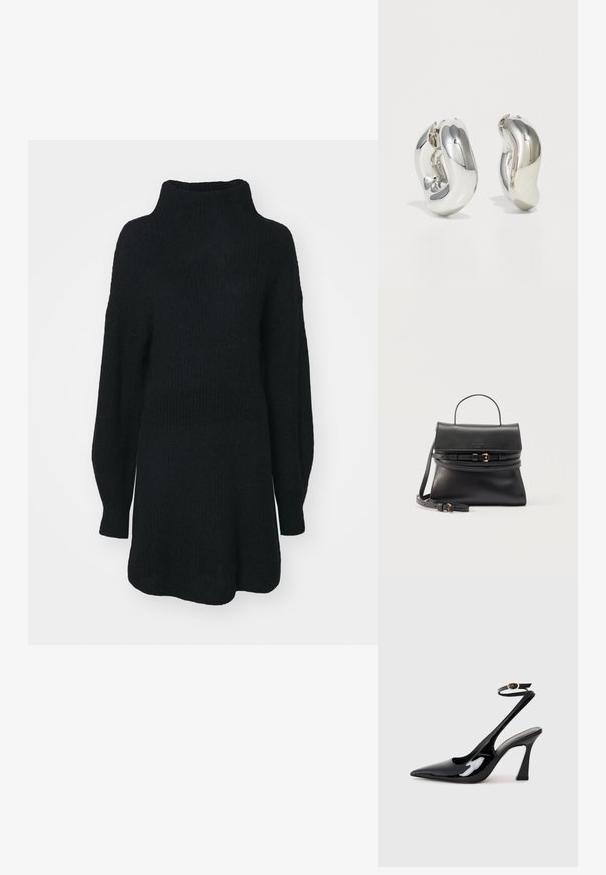 Sort strikket sweater med høj hals, lange ærmer og løs pasform. Tekstureret stof med en løs silhuet og ingen synlige mønstre.; Sorte patentlæder slingback højhælede sko med spids tå, justerbar ankelrem og moderat blokhæl. Glat tekstur med blank finish.; Sort læderhåndtaske med top- håndtag, klaplukning, dobbelte spænderemme og aftagelig skulderrem på en neutral baggrund.; Sølvskulpturelle øreringe med glatte, buede former og reflekterende overflader. Har et lukket hoop-design og en markant organisk form.