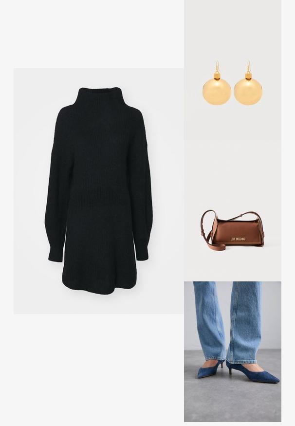 Zwarte gebreide trui met een hoge hals, lange mouwen en een relaxte pasvorm. Textuurstof met een losse silhouet en geen zichtbare patronen.; Blauwe suède kittenheels met spitse neuzen en een lage hak, gecombineerd met lichtblauwe denim jeans met een rechte pasvorm.; Bruine leren schoudertas met verstelbare riem en gouden "LOVE MOSCHINO"-logo op de voorflap tegen een witte achtergrond.; Een paar glanzende gouden kerstbal-oorbellen met haaksluitingen op een effen witte achtergrond.