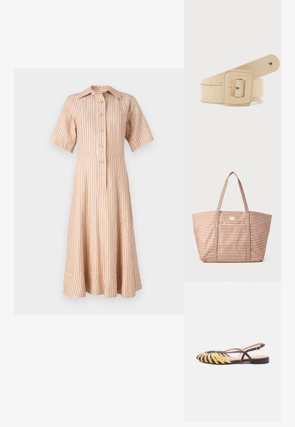 Gestreepte button-up jurk in lichtbeige met rode verticale strepen. Heeft een kraag en korte mouwen, met een uitlopende taille.; Platte sandaal met bruin-gele gevlochten banden, open teenontwerp en verstelbare enkelriem op een lichte achtergrond.; Gingham-patroon schoudertas in bruintinten, met een ruime centrale compartiment, twee handvaten en een voorvak met label.; Roomkleurige brede riem met een grote vierkante gesp en een klein zilveren bij-detail vlak bij het uiteinde.