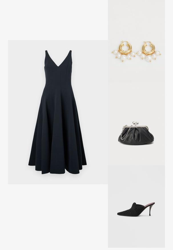 Marineblaue ärmellose Kleid mit V-Ausschnitt, schwingendem Rock und vertikalen Nahtdetails, ausgestattet mit einer glatten Textur und einem knöchellangen Saum.; Schwarzer Mule mit hohem Absatz, spitzer Zehenpartie, weichem Stoff mit geraffter Textur an der Vorderseite und einem schlanken Stilettoabsatz.; Schwarze Leder-Clutch mit geraffter Textur, silberfarbener Metallrahmen, Druckverschluss und Kettenriemen. Glatte, weiche Oberfläche.; Goldene Creolen mit drei hängenden weißen Perlen, gesichert mit Drahtakzenten. Glatte metallische Oberfläche mit einem polierten Look.