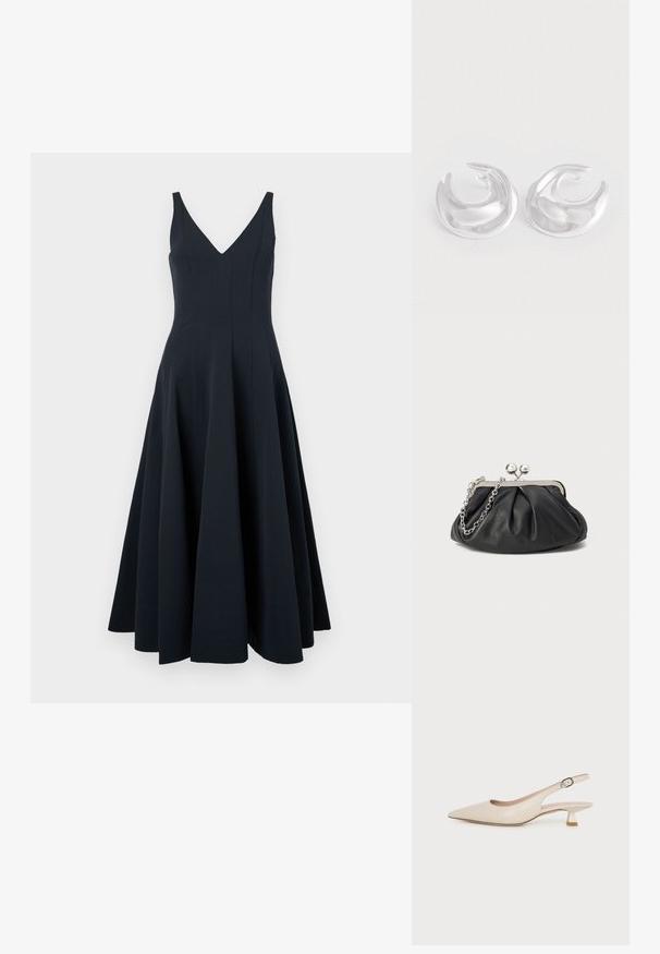 Marineblauw mouwloos jurkje met een V-hals, uitlopende rok en verticale naaddetails, met een zachte textuur en een enkellange zoom.; Beige slingback-schoen met een spits toelopende neus, lage kittenhak en verstelbare zijgesp op een effen witte achtergrond.; Zwarte leren clutch met geplooide textuur, zilverkleurig metalen frame, drukknopsluiting en kettingriem. Glad, zacht oppervlak.; Een paar gepolijste zilveren halvemaanvormige creolen met een glad, reflecterend oppervlak op een witte achtergrond.