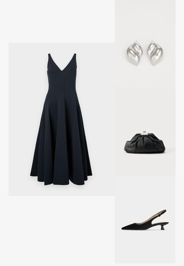 Marineblaue ärmellose Kleid mit V-Ausschnitt, schwingendem Rock und vertikalen Nahtdetails, ausgestattet mit einer glatten Textur und einem knöchellangen Saum.; Schwarzer Slingback-Schuh mit spitzer Kappe, niedrigem Kitten-Heel und goldener Schnallenriemen, im Profil auf hellem, einfarbigem Hintergrund gezeigt.; Schwarze Leder-Clutch mit geraffter Textur, Metallverschluss und dezentem, auf der Vorderseite geprägtem Logo. Abgerundete Form.; Silberne Ohrringe mit einer organischen, abstrakten Form. Glatte, glänzende Oberfläche mit einem konischen Design. Mit dezenten Kurven und einem zentralen Linienelement.