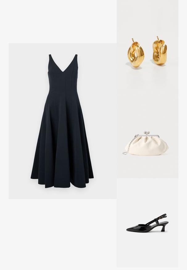 Marineblaue ärmellose Kleid mit V-Ausschnitt, schwingendem Rock und vertikalen Nahtdetails, ausgestattet mit einer glatten Textur und einem knöchellangen Saum.; Schwarzer Slingback-Pumps aus Lackleder mit spitzer Spitze und verstellbarem goldfarbenem Riemen auf weißem Hintergrund.; Cremefarbene Stoff-Clutch mit gerafftem Design, silbernem Metallrahmen, zwei dekorativen Kugeln und einem silbernen Kettenriemen.; Fette goldene Creolen mit einem leicht verdrehten, röhrenförmigen Design und Steckverschlüssen auf einem weißen Hintergrund.