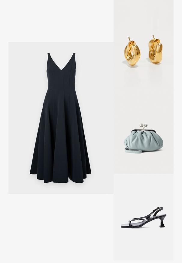 Robe sans manches bleu marine avec un décolleté en V, une jupe évasée et des coutures verticales, présentant une texture lisse et une longueur jusqu'aux chevilles.; Sandale femme en cuir noir avec fines lanières, bout carré, boucle de cheville réglable et talon mi-hauteur évasé.; Petit porte-monnaie en cuir bleu clair avec fermoir métallique argenté de type kiss-lock et court bracelet de poignet sur fond uni.; Boucles d'oreilles créoles en or massif avec un design tubulaire légèrement tordu et des fermoirs à tige sur un fond blanc.