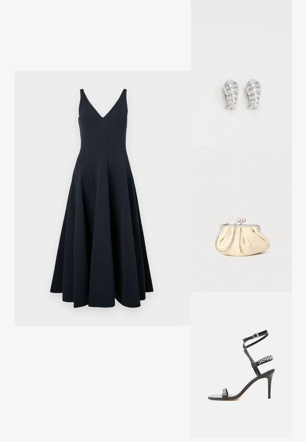 Marineblaue ärmellose Kleid mit V-Ausschnitt, schwingendem Rock und vertikalen Nahtdetails, ausgestattet mit einer glatten Textur und einem knöchellangen Saum.; Schwarze Sandalette mit hohem Absatz, schlankem Knöchelriemen, Mittelriemen verziert mit silbernen Kettengliedern und offenem Zehendesign.; Faltige beigefarbene Ledertasche mit einem silbernen Metallrahmen, ausgestattet mit zwei runden dekorativen Verschlüssen und einem silbernen Kettenriemen.; Silberne Clip-On-Ohringe mit spiralförmigem Design, das eine glatte metallische Textur und abgerundete Formen aufweist. Keine sichtbaren Verzierungen oder Muster.