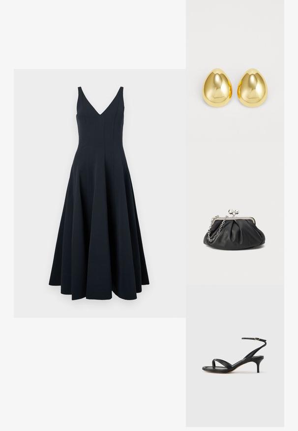 Vestido sin mangas de color azul marino con escote en V, falda acampanada y detalles de costura vertical, con una textura suave y un dobladillo a la altura del tobillo.; Sandalia negra de cuero para mujer con tiras finas, un lazo para el dedo del pie, hebilla en el tobillo y tacón de aguja de altura media sobre un fondo neutro.; Clutch de cuero negro con textura arrugada, marco de metal en tono plateado, cierre de beso y cadena para colgar. Superficie suave y lisa.; Pendientes de studs de color dorado con una superficie lisa y pulida en forma de lágrima, que reflejan la luz para un acabado brillante.
