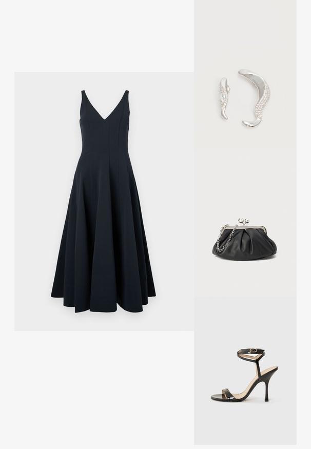 Vestido sin mangas de color azul marino con escote en V, falda acampanada y detalles de costura vertical, con una textura suave y un dobladillo a la altura del tobillo.; Sandalia de tacón alto de charol negro con tira delgada en el tobillo y hebilla, punta abierta y tacón aguja esbelto sobre fondo blanco.; Clutch de cuero negro con textura arrugada, marco de metal en tono plateado, cierre de beso y cadena para colgar. Superficie suave y lisa.; Dos pendientes de plata curvados, uno más grande que el otro, ambos adornados con pequeños cristales brillantes a lo largo de un borde.