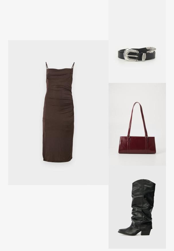 Robe midi marron sans manches avec fines bretelles et détails froncés subtils sur le buste et sur le côté, présentée sur un fond clair uni.; Bottes noires en cuir, montantes jusqu'au genou, avec un design plissé, un bout pointu et un talon épais, présentant une texture lisse et des coutures minimales.; Sac à main bordeaux en matériau brillant, de forme rectangulaire, avec deux anses et des accents légèrement courbés à l'avant.; Ceinture en cuir noir avec une grande boucle en métal argenté dotée de détails complexes et d'accents décoratifs à chaque extrémité.