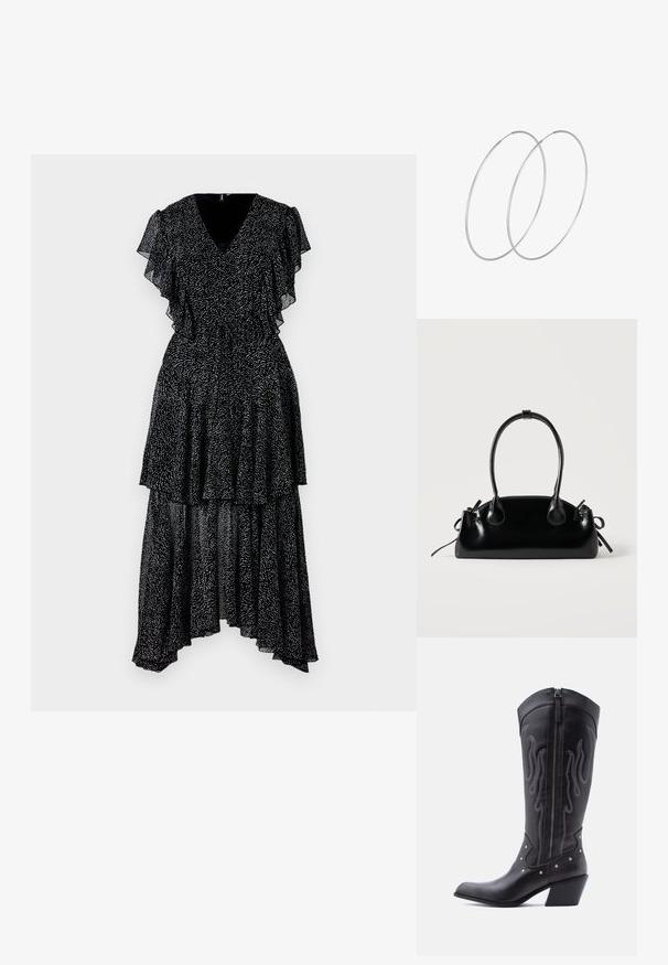 Robe noire avec des manches à volants superposés et un col en V. Présente un motif à pois, un ourlet asymétrique, et une taille cintrée. Tissu léger.; Bottes de cow-boy en cuir noir avec bout pointu, coutures apparentes, ornements à clous argentés et fermeture éclair sur le côté intérieur.; Petit sac à main noir brillant avec deux longues anses et des détails à cordon sur les côtés sur un fond clair uni.; Boucles d'oreilles en argent au design minimaliste. Forme circulaire, texture lisse et profil fin. Légères avec une finition polie.