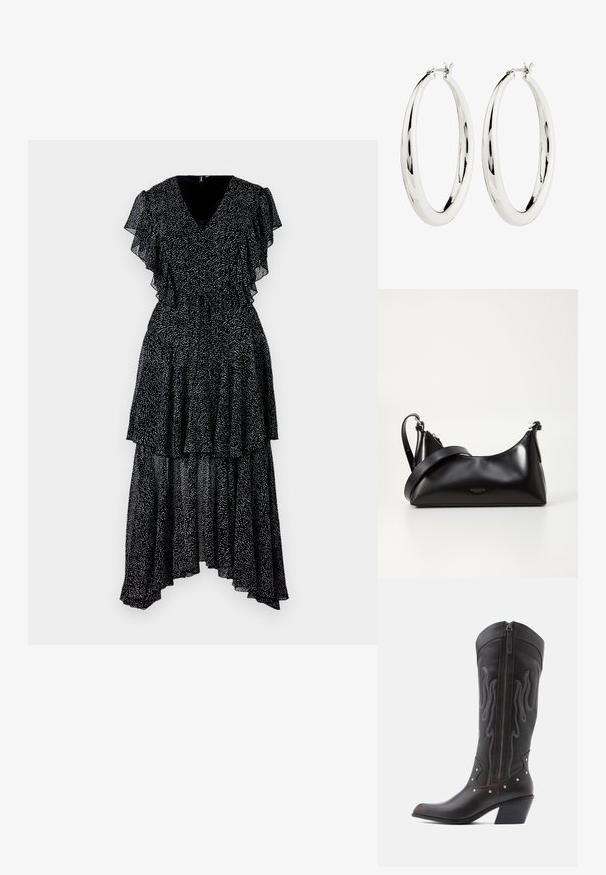 Robe noire avec des manches à volants superposés et un col en V. Présente un motif à pois, un ourlet asymétrique, et une taille cintrée. Tissu léger.; Bottes de cowboy en cuir marron avec surpiqûres en forme de flammes, fermeture éclair latérale, clous argentés, bout pointu et talon superposé.; Sac à main en cuir noir avec une texture lisse. Dispose d'une bandoulière adjustable et d'un design élégant et minimaliste avec une fermeture éclair.; Boucles d'oreilles en argent en forme de halo, avec une surface lisse et réfléchissante. Forme ronde et large avec un fermoir sécurisé en haut. Fini poli mettant en valeur l'éclat.