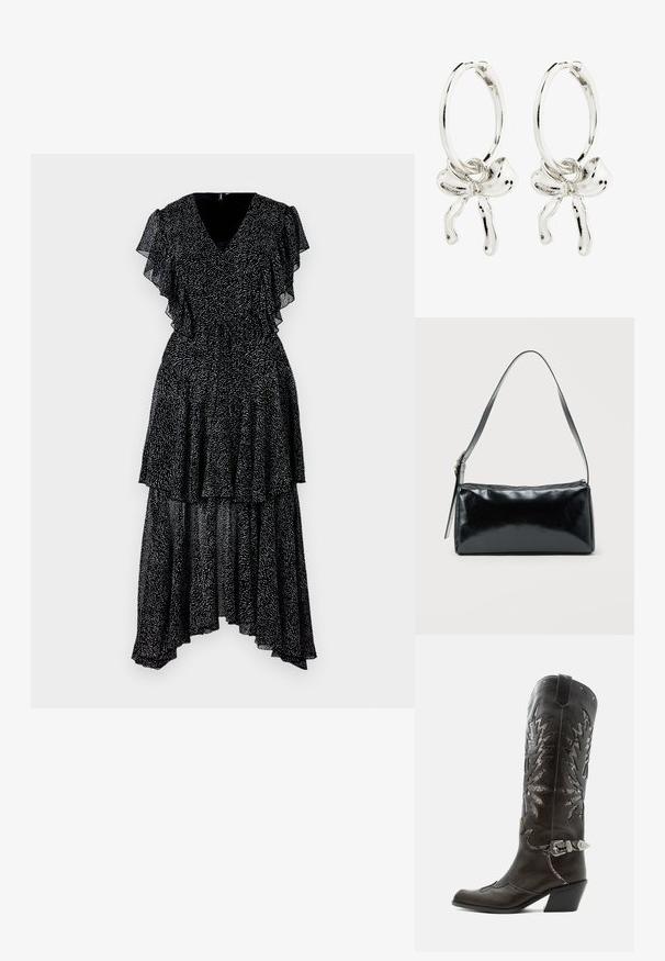 Robe noire avec des manches à volants superposés et un col en V. Présente un motif à pois, un ourlet asymétrique, et une taille cintrée. Tissu léger.; Botte de cowboy en cuir noir avec découpes décoratives, boucle argentée et talon incliné, présentée sur fond blanc.; Sac d'épaule rectangulaire noir avec une sangle réglable unique et une fermeture éclair supérieure sur un fond uni.; Boucles d'oreilles créoles en argent avec un détail en nœud au centre, présentant une finition polie et une texture lisse.