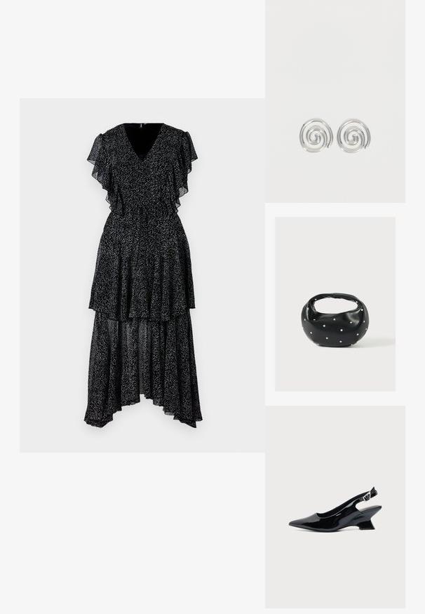 Schwarzes Kleid mit gestuften Rüschensäumen und V-Ausschnitt. Es hat ein Punktmuster, einen asymmetrischen Saum und eine taillierte Taille. Leichter Stoff.; Schwarzer Slingback-Schuh aus Lackleder mit spitzer Spitze und niedrigem, schrägem Blockabsatz auf einfachem hellem Hintergrund.; Schwarze Lederhandtasche mit abgerundeter Form, verziert mit silbernen Nietenakzenten und kurzem Griff. Glatte Struktur und Reißverschlussverschluss.; Paar silberne Spiral-Creolen mit glattem, rundem Design auf einfachem weißem Hintergrund.