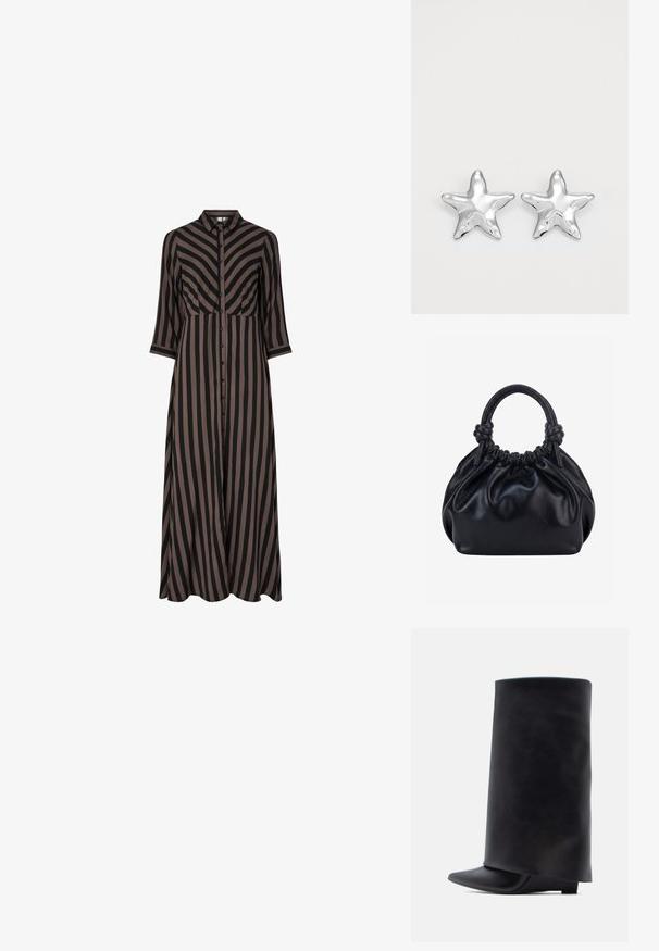Vestido largo abotonado con rayas verticales en negro y marrón, que presenta un cuello y mangas tres cuartos. Fabricado con tejido ligero.; Botines de cuero negro con un alto caña cilíndrica, punta puntiaguda y tacón bajo y plano, con una textura suave y diseño minimalista.; Bolso de mano de cuero negro suave con parte superior fruncida y dos asas gruesas atadas en nudos sobre un fondo claro y liso.; Pendientes en forma de estrella plateada con una superficie pulida y brillante. Cada pendiente presenta cinco puntas y sutiles detalles de textura en la superficie.