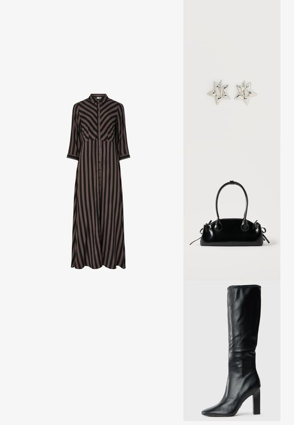 Vestido largo abotonado con rayas verticales en negro y marrón, que presenta un cuello y mangas tres cuartos. Fabricado con tejido ligero.; Botas de cuero negras hasta la rodilla con un diseño elegante, punta afilada y tacón cuadrado alto, que presentan una textura suave y un borde superior cosido.; Pequeño bolso negro brillante con dos asas largas y detalles de cordón lateral sobre un fondo claro liso.; Pendientes de aro plateados en forma de estrella con un acabado liso y pulido sobre un fondo blanco liso.