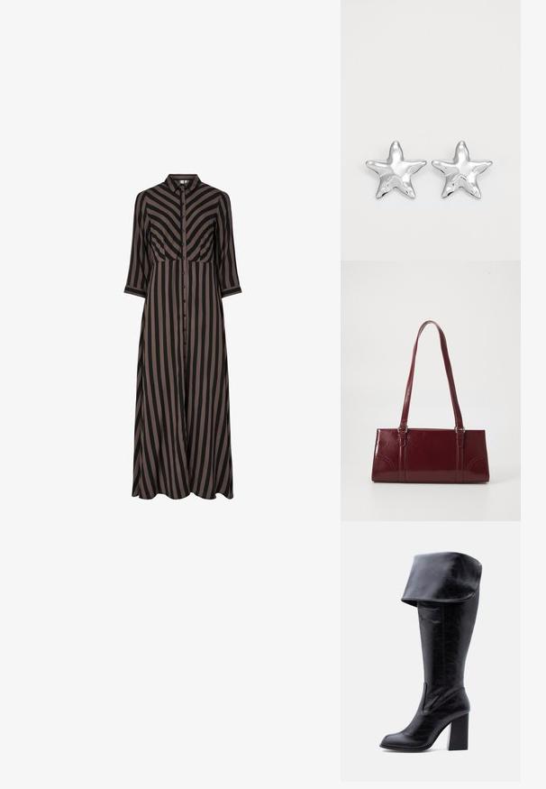Vestido largo abotonado con rayas verticales en negro y marrón, que presenta un cuello y mangas tres cuartos. Fabricado con tejido ligero.; Bota alta negra de cuero con tacón, puño doblado y punta redonda, de pie sobre un fondo blanco.; Bolso burdeos hecho de material brillante, de forma rectangular, con dos asas para el hombro y sutiles acentos curvados en la parte frontal.; Pendientes en forma de estrella plateada con una superficie pulida y brillante. Cada pendiente presenta cinco puntas y sutiles detalles de textura en la superficie.
