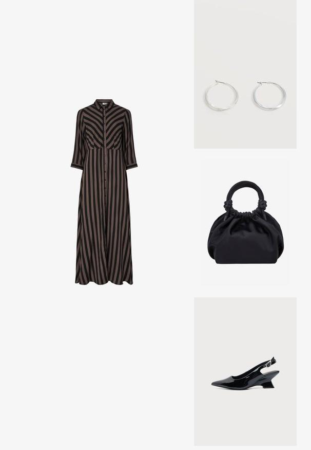 Dlhé šaty na gombíky s vertikálnymi čiernymi a hnedými pruhmi, s golierom a rukávmi po tri štvrtiny. Vyrobené z ľahkého materiálu.; Čierna lakovaná slingback topánka so špicatou špičkou a nízkym šikmým blokovým opätkom na jednoduchom svetlom pozadí.; Čierna mäkká látková kabelka so zbieraným vrchom a okrúhlymi vyvložkovanými rukoväťami zviazanými uzlami na každej strane.; Strieborné kovové kruhové náušnice s hladkým, mierne zakriveným povrchom a zapínaním na poistku na jednoduchom bielom pozadí.